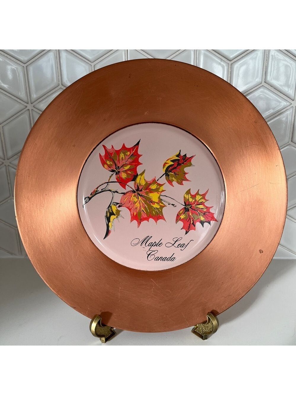 VINTAGE Fantasy Copperware Decorative Plate Canada Maple Leaf Mid-Century Decor